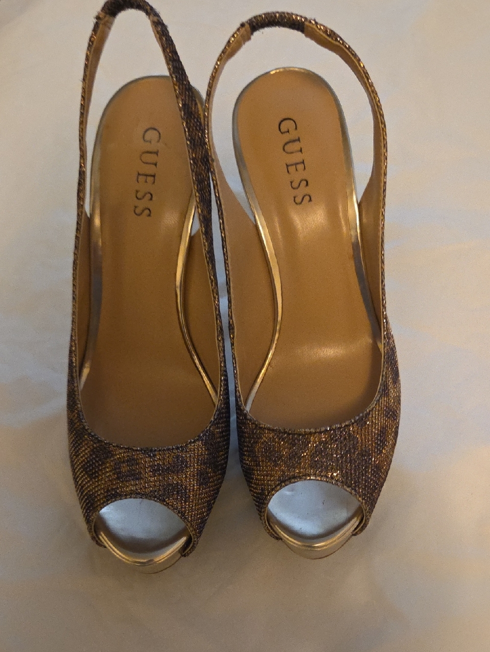 GUESS Gold and Brown Peep-Toe Slingback Heels